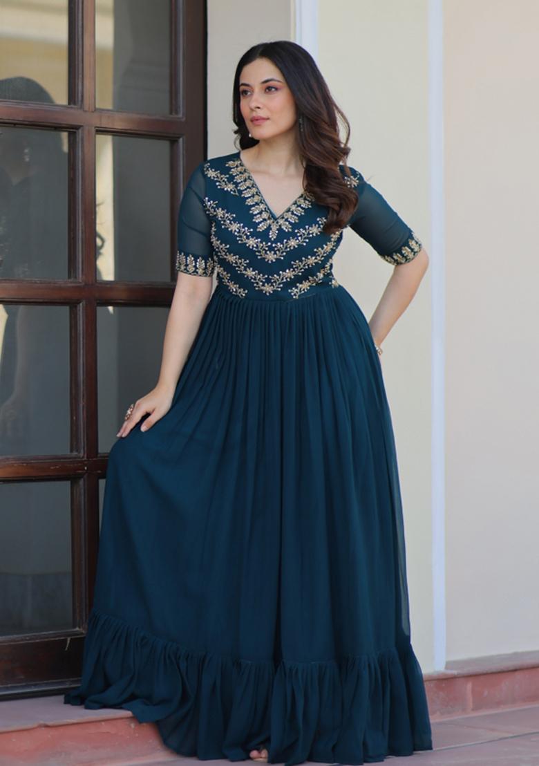 Rama Beads Work Faux Blooming Anarkali - Indya