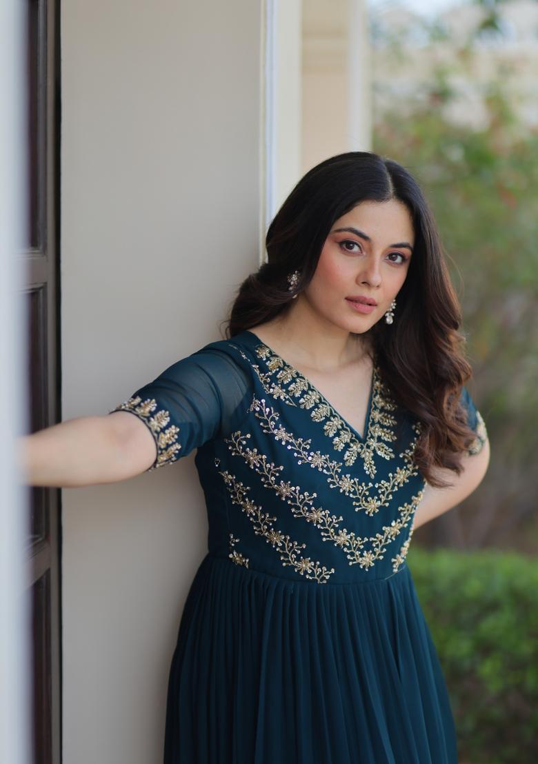 Rama Beads Work Faux Blooming Anarkali - Indya