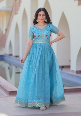 Sky Blue Embroidered Gold Crush Anarkali
