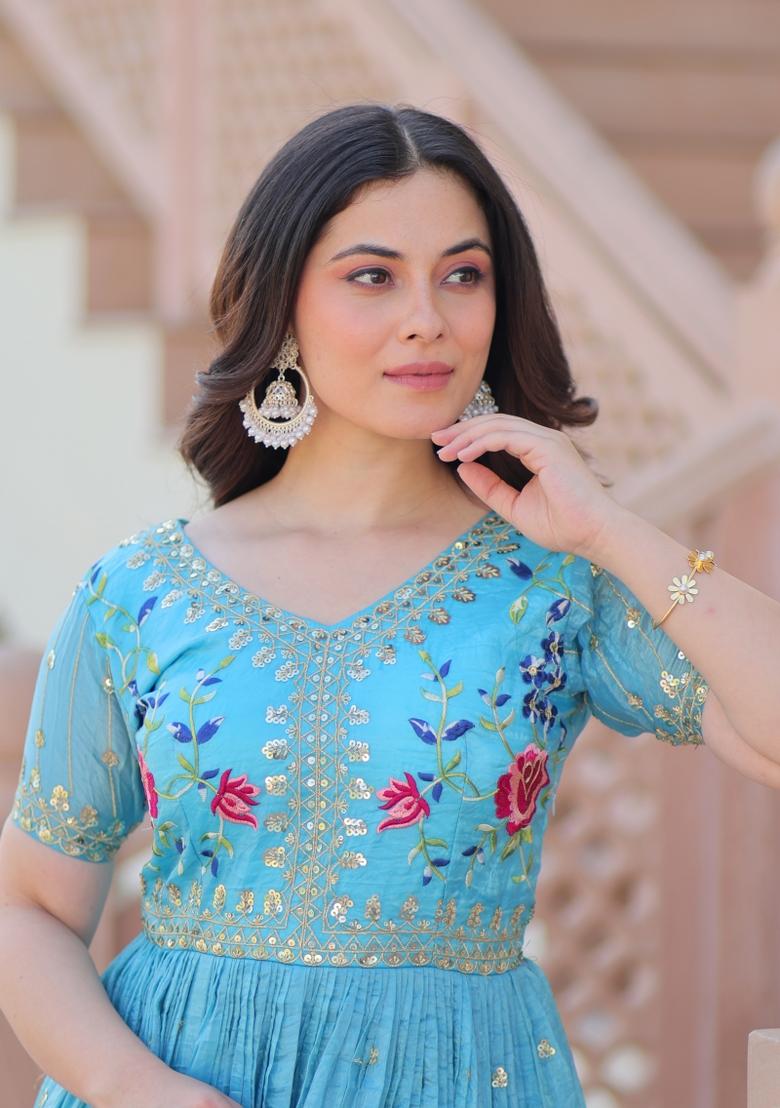 Sky Blue Embroidered Gold Crush Anarkali - Indya