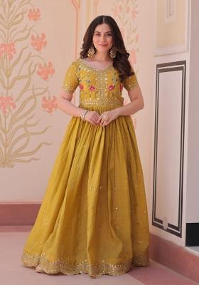 Yellow Embroidered Gold Crush Anarkali