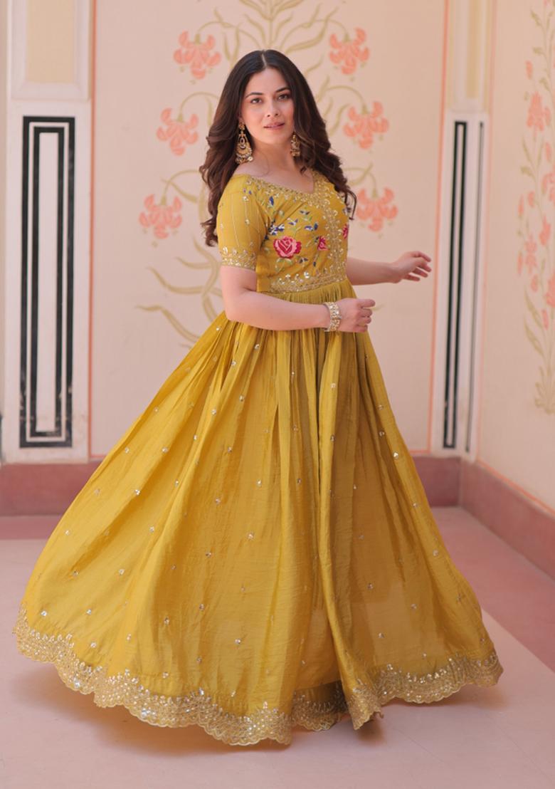 Yellow Embroidered Gold Crush Anarkali - Indya