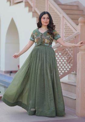 Green Embroidered Silver Crunchy Anarkali With Koti