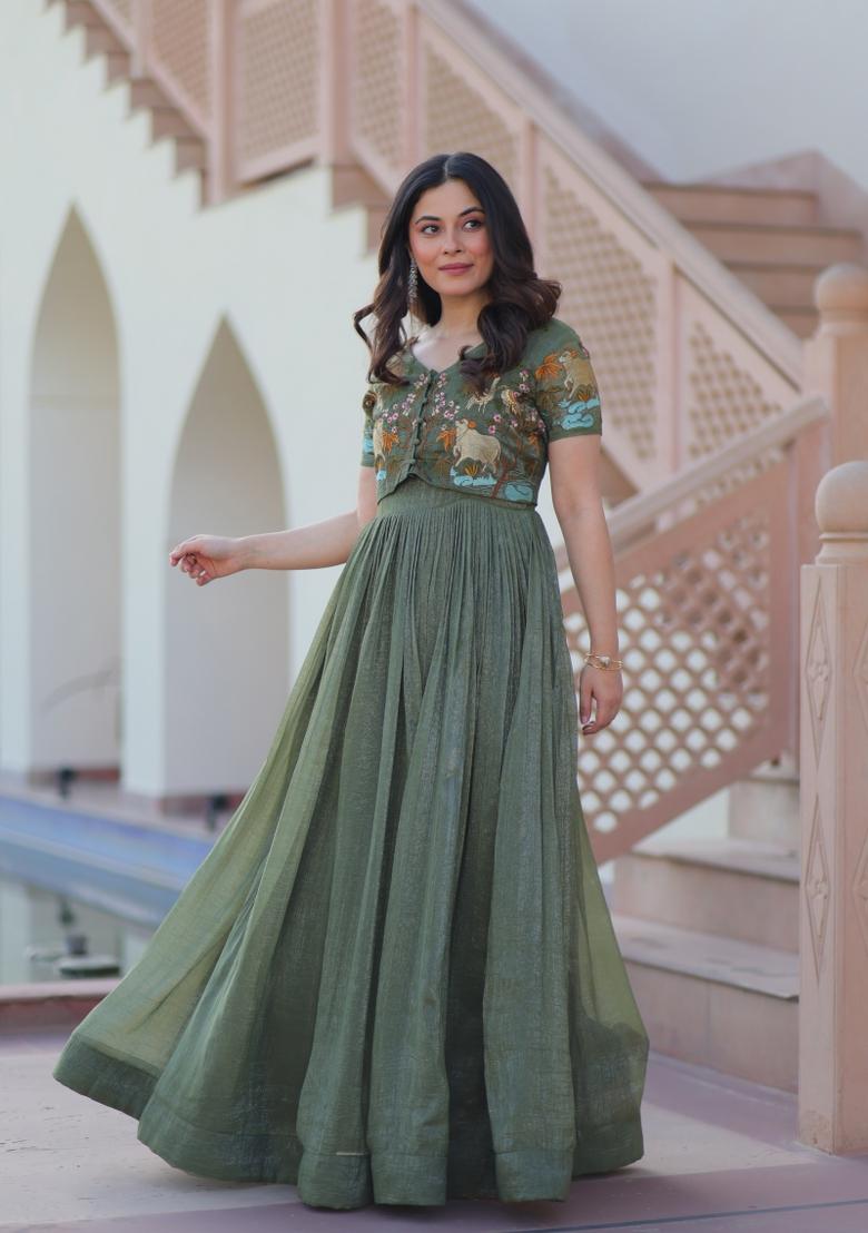 Green Embroidered Silver Crunchy Anarkali With Koti - Indya