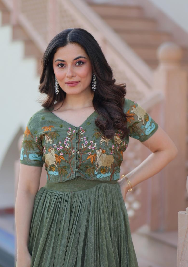 Green Embroidered Silver Crunchy Anarkali With Koti - Indya