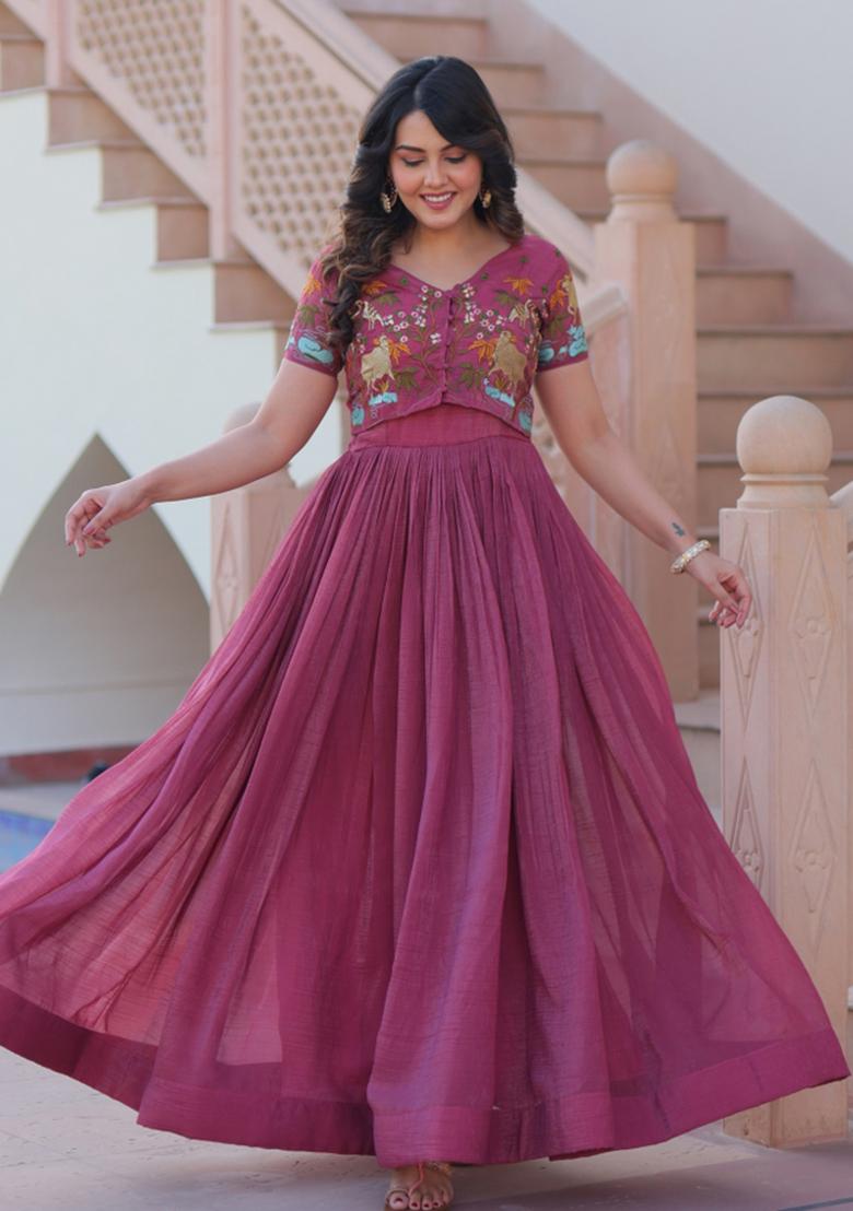 Onion Embroidered Silver Crunchy Anarkali With Koti - Indya