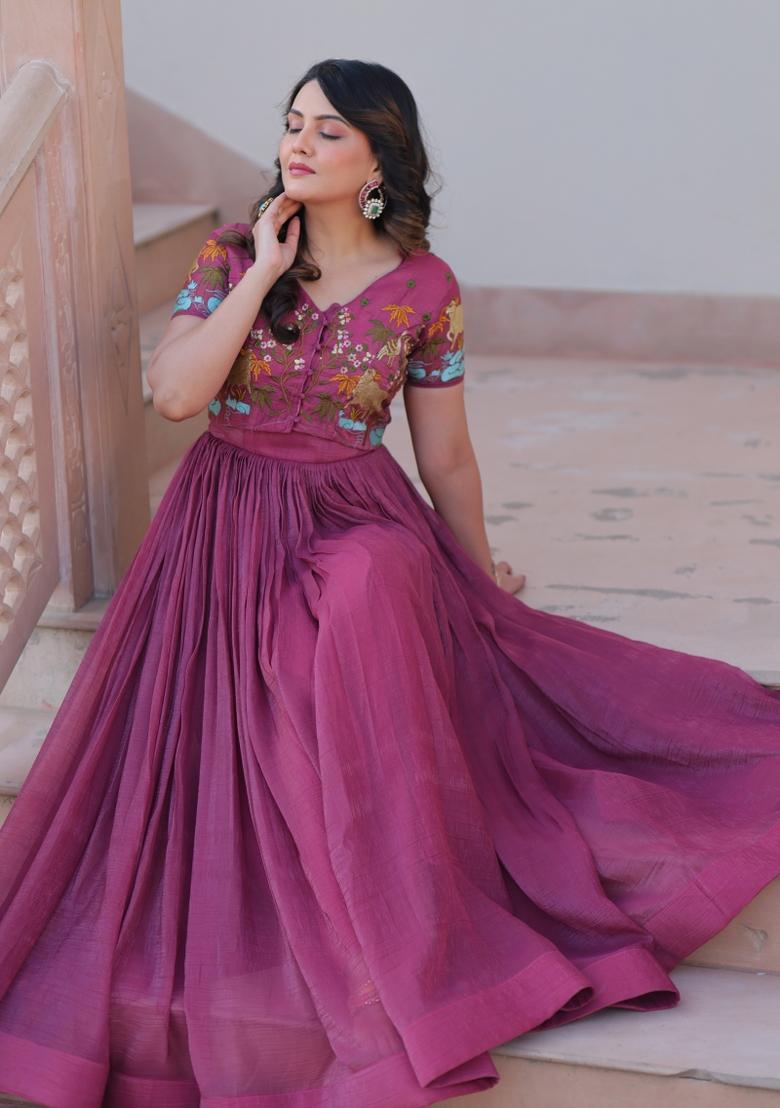 Onion Embroidered Silver Crunchy Anarkali With Koti - Indya