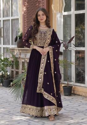 Wine Embroidered Faux Blooming Anarkali With Dupatta