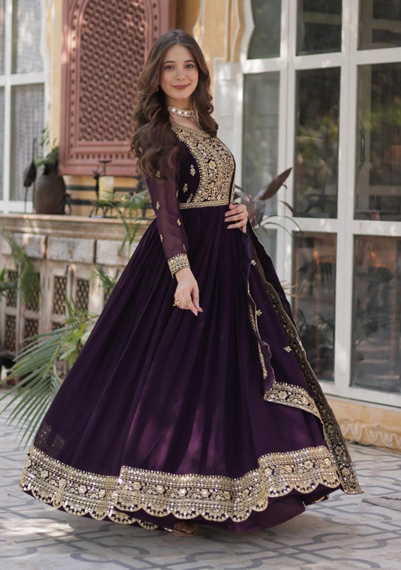 Wine Embroidered Faux Blooming Anarkali With Dupatta - Indya