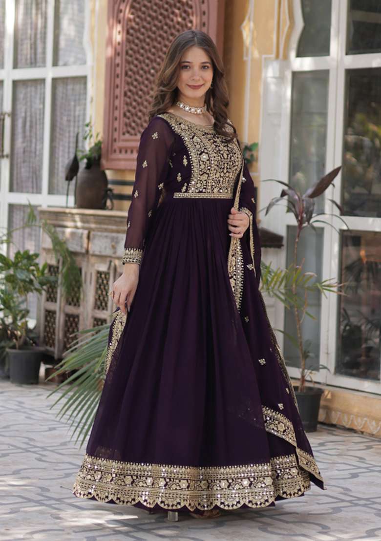 Wine Embroidered Faux Blooming Anarkali With Dupatta - Indya