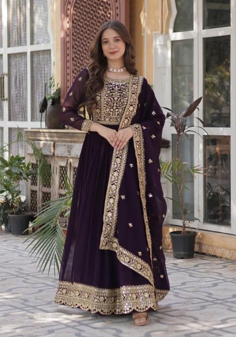 Wine Embroidered Faux Blooming Anarkali With Dupatta
