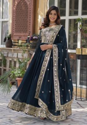Rama Embroidered Faux Blooming Anarkali With Dupatta
