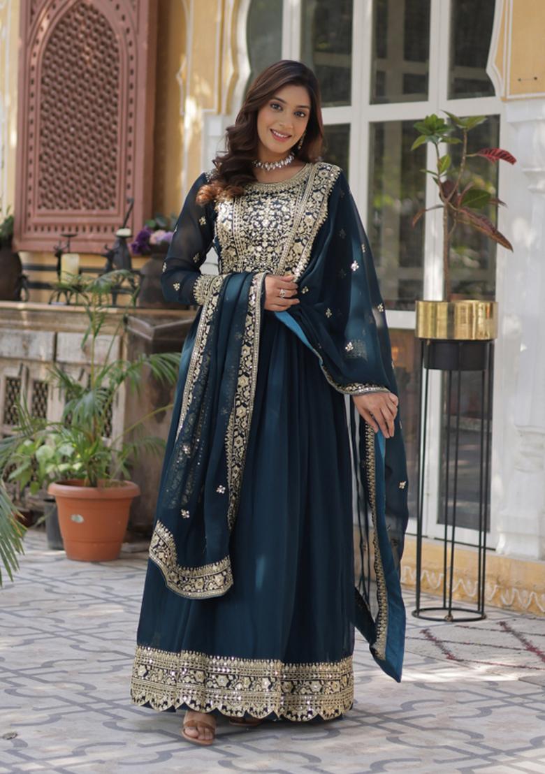Rama Embroidered Faux Blooming Anarkali With Dupatta - Indya
