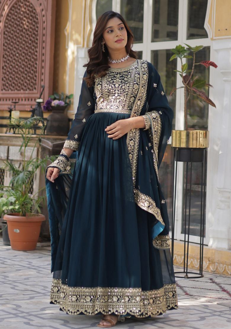 Rama Embroidered Faux Blooming Anarkali With Dupatta - Indya