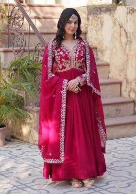 Pink Embroidered Faux Blooming Anarkali With Dupatta