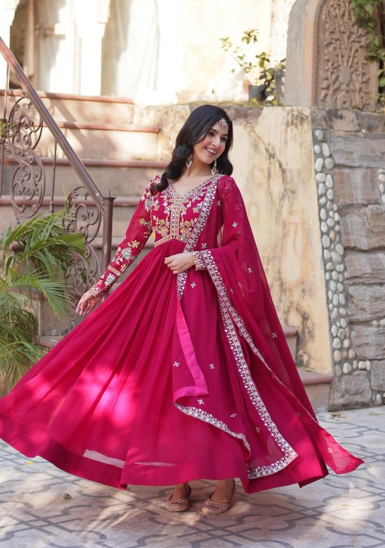 Pink Embroidered Faux Blooming Anarkali With Dupatta - Indya