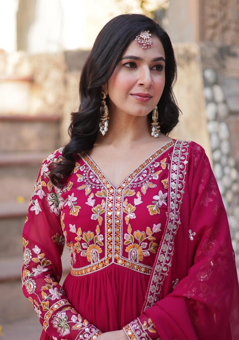 Pink Embroidered Faux Blooming Anarkali With Dupatta - Indya