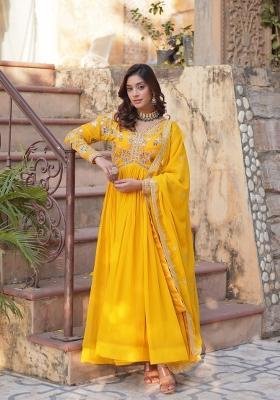 Yellow Embroidered Faux Blooming Anarkali With Dupatta