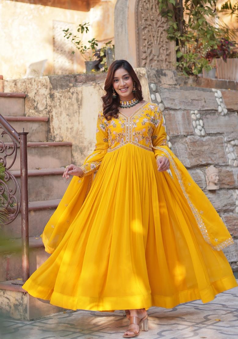 Yellow Embroidered Faux Blooming Anarkali With Dupatta - Indya