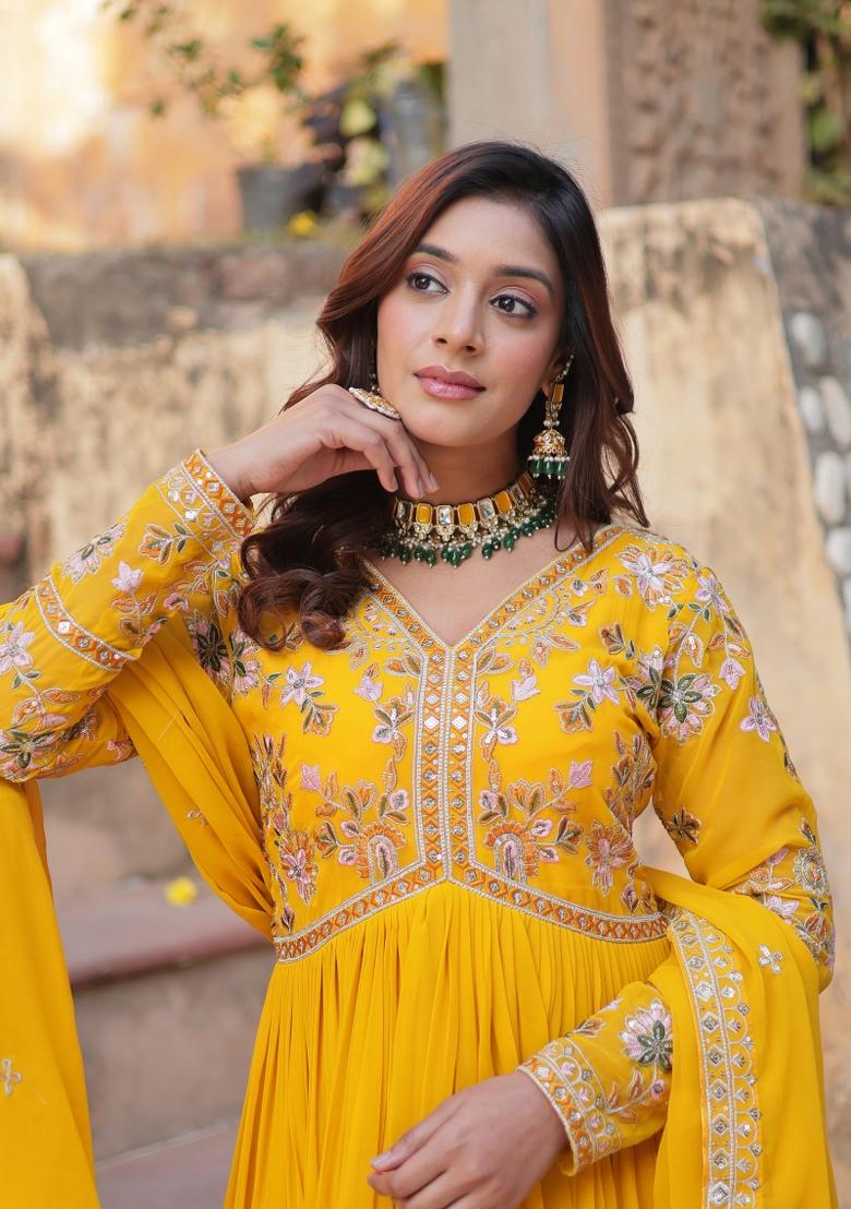 Yellow Embroidered Faux Blooming Anarkali With Dupatta - Indya
