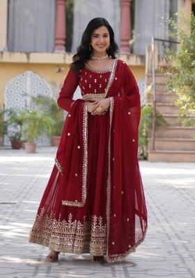 Maroon Embroidered Faux Blooming Anarkali With Dupatta