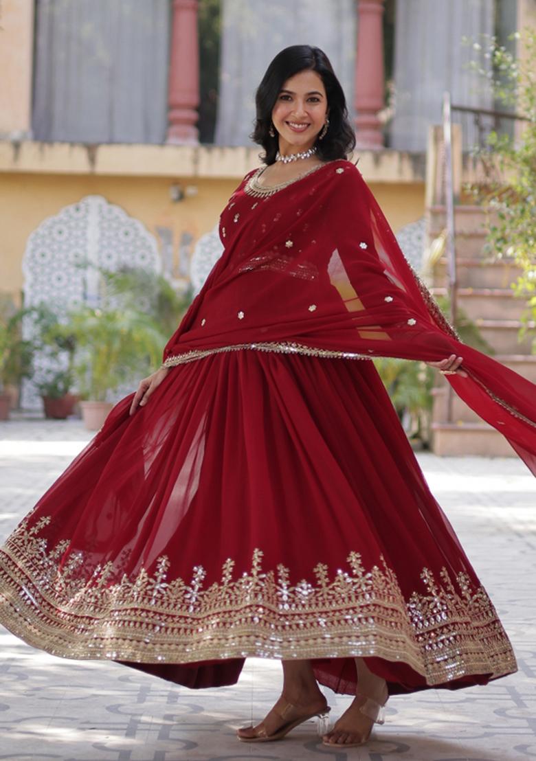Maroon Embroidered Faux Blooming Anarkali With Dupatta - Indya