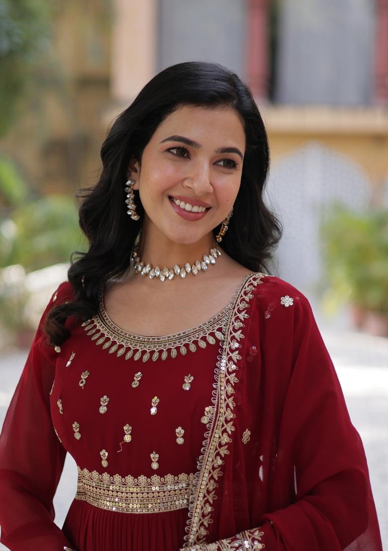 Maroon Embroidered Faux Blooming Anarkali With Dupatta - Indya