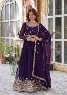 Purple Embroidered Faux Blooming Anarkali With Dupatta