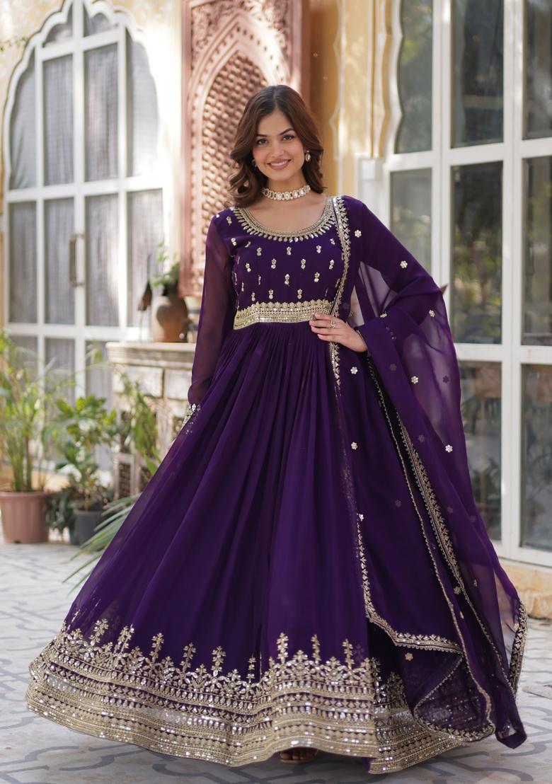 Purple Embroidered Faux Blooming Anarkali With Dupatta - Indya