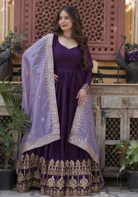 Purple Embroidered Georgette Anarkali With Dupatta