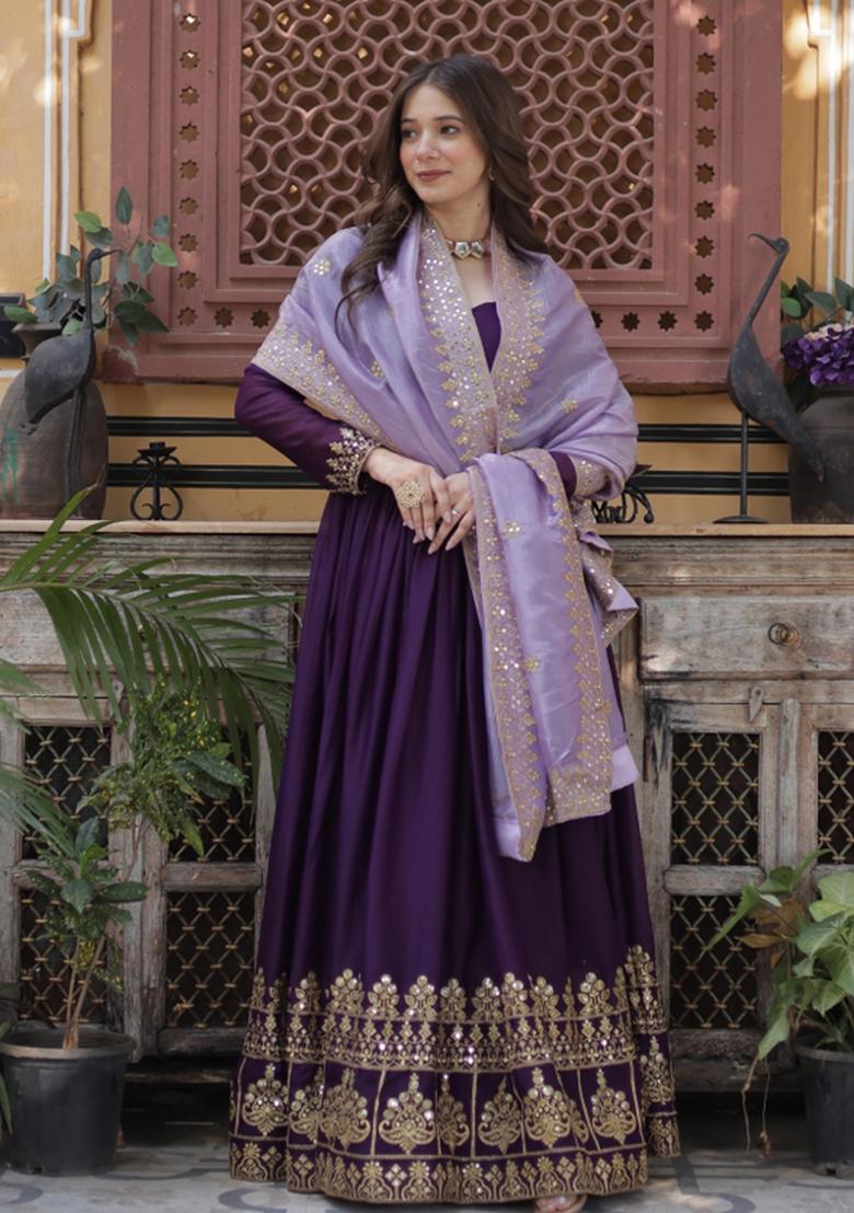 Purple Embroidered Georgette Anarkali With Dupatta - Indya