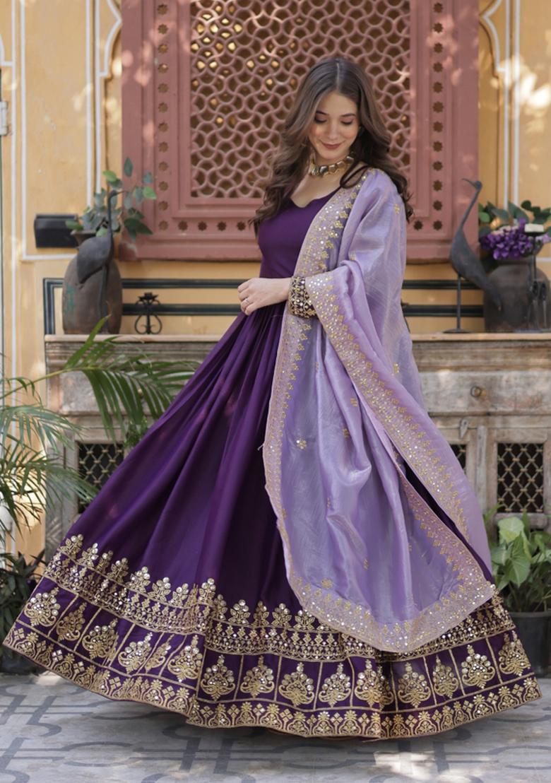 Purple Embroidered Georgette Anarkali With Dupatta - Indya