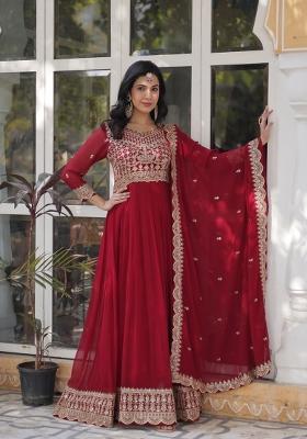 Maroon Embroidered Faux Blooming Anarkali With Dupatta