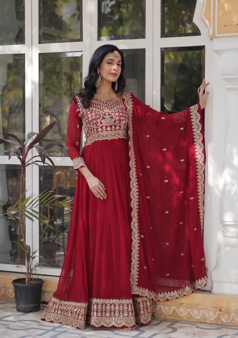Maroon Embroidered Faux Blooming Anarkali With Dupatta - Indya