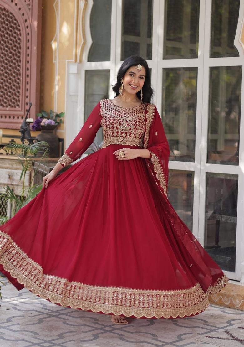 Maroon Embroidered Faux Blooming Anarkali With Dupatta - Indya
