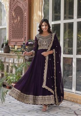 Wine Embroidered Faux Blooming Anarkali With Dupatta