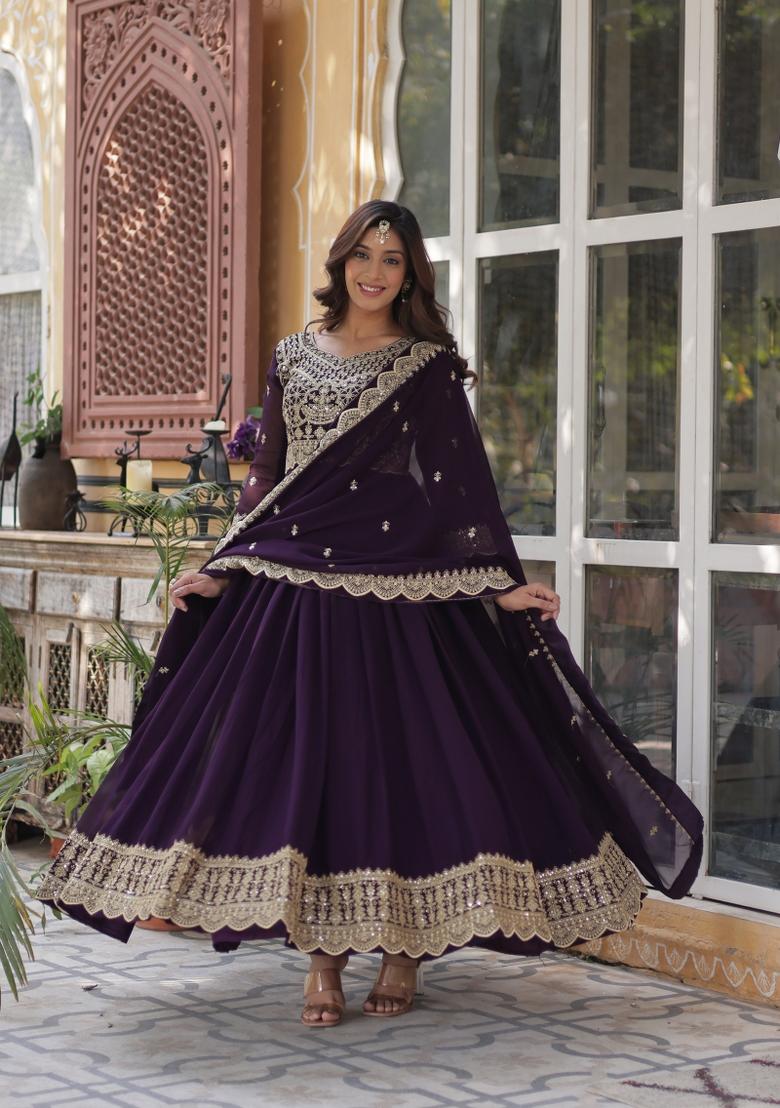 Wine Embroidered Faux Blooming Anarkali With Dupatta - Indya