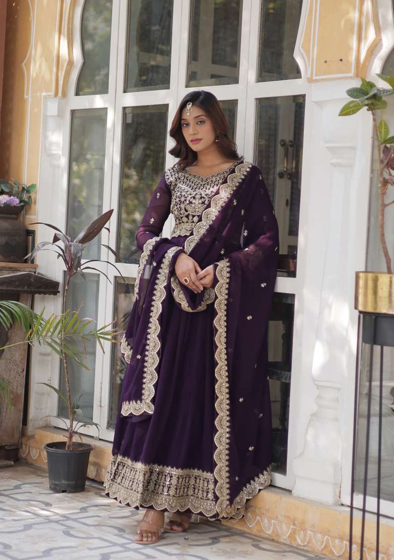 Wine Embroidered Faux Blooming Anarkali With Dupatta - Indya