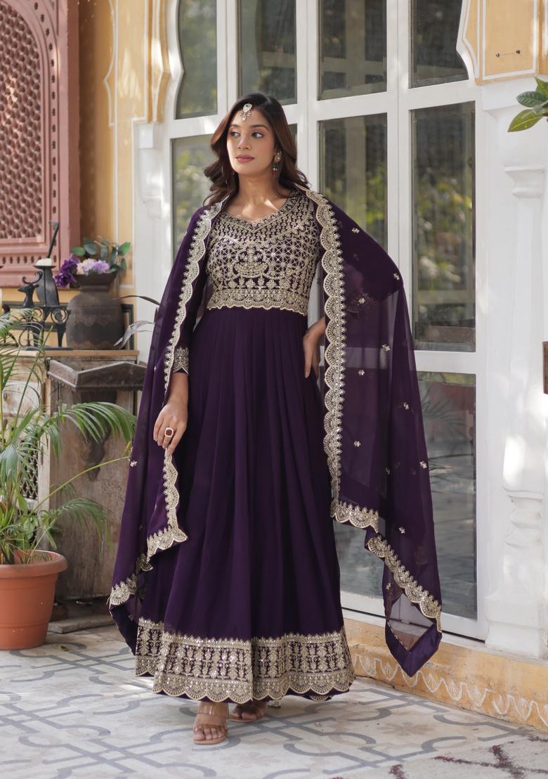 Wine Embroidered Faux Blooming Anarkali With Dupatta - Indya