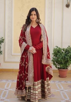 Maroon Embroidered Faux Blooming Anarkali With Dupatta