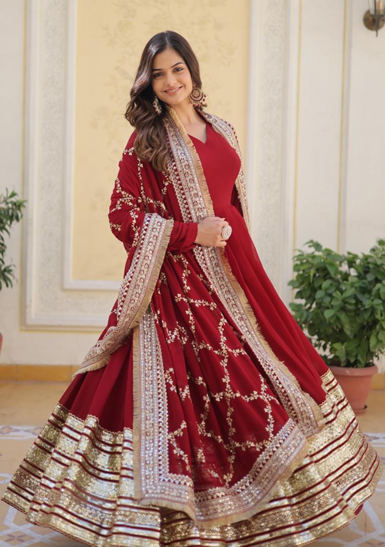 Maroon Embroidered Faux Blooming Anarkali With Dupatta - Indya