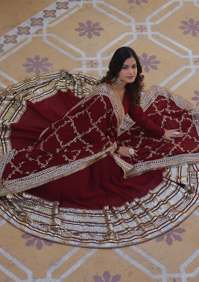 Maroon Embroidered Faux Blooming Anarkali With Dupatta - Indya
