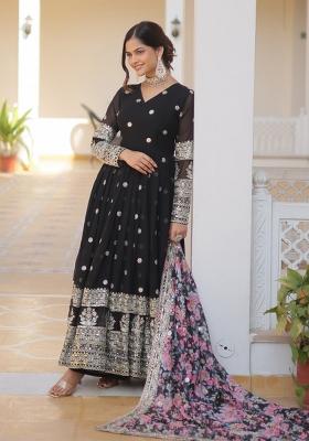 Black Embroidered Faux Blooming Anarkali With Dupatta