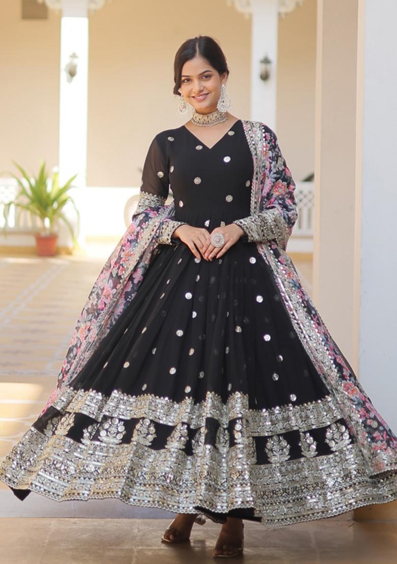 Black Embroidered Faux Blooming Anarkali With Dupatta - Indya