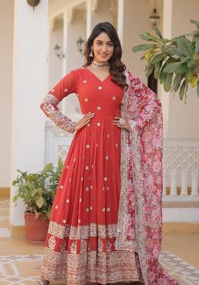 Orange Embroidered Faux Blooming Anarkali With Dupatta