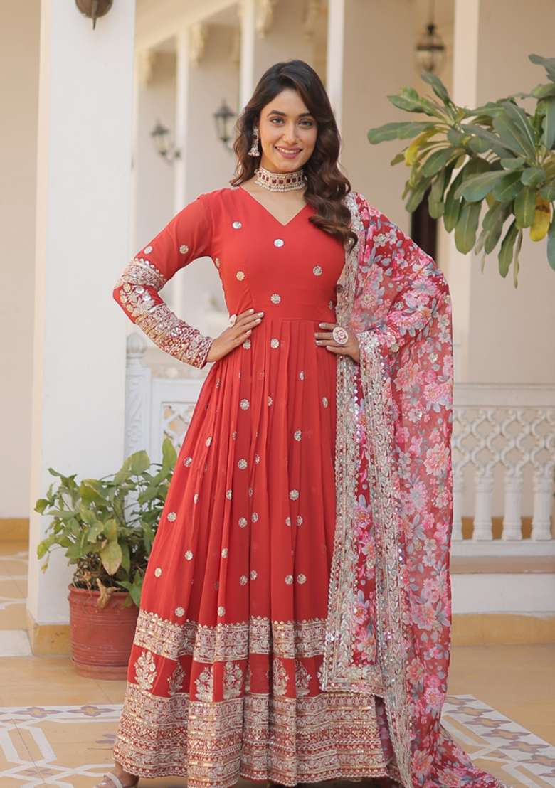 Orange Embroidered Faux Blooming Anarkali With Dupatta - Indya