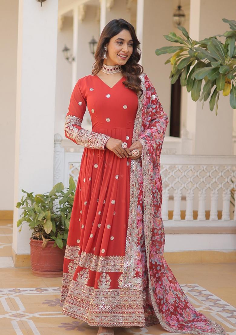 Orange Embroidered Faux Blooming Anarkali With Dupatta - Indya