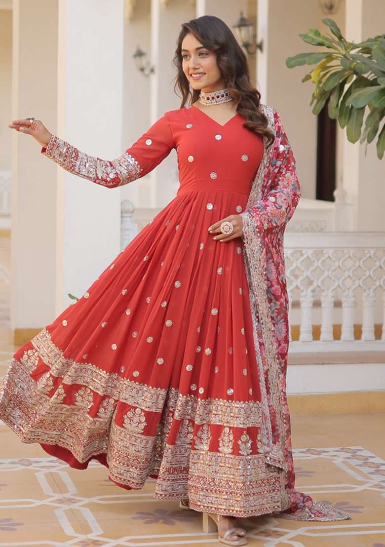 Orange Embroidered Faux Blooming Anarkali With Dupatta - Indya