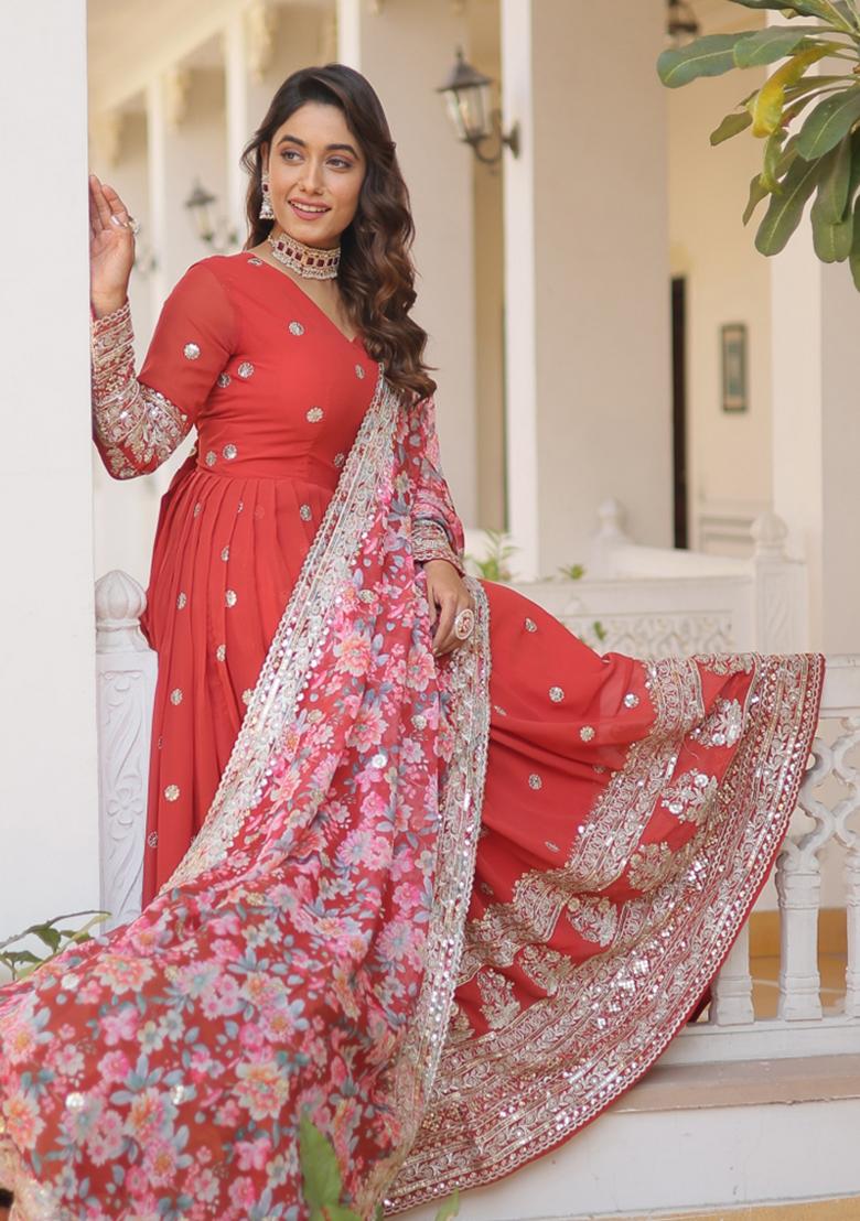 Orange Embroidered Faux Blooming Anarkali With Dupatta - Indya