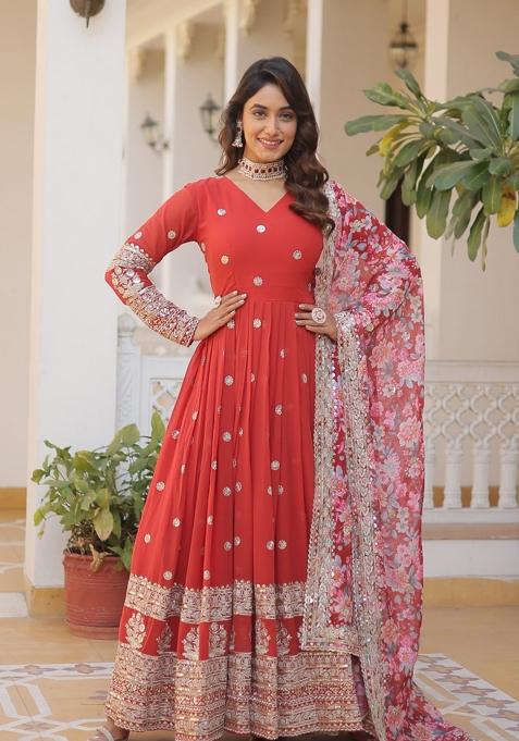 Orange Embroidered Faux Blooming Anarkali With Dupatta